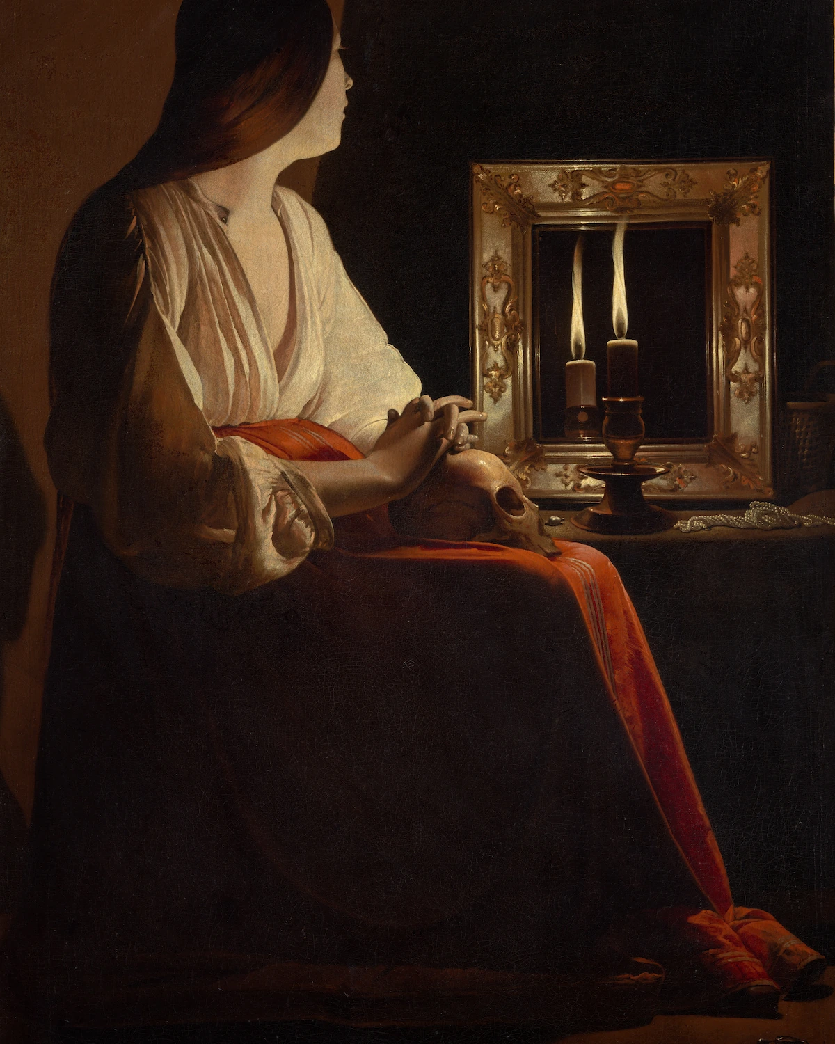 The same painting with Gloam's gamma 2.2 correction: the background returns to a deep black the figure sits against, while the candle flames stay exactly as bright